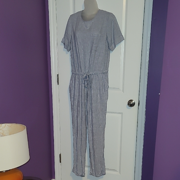 Old Navy Blue and White Striped Jumpsuit Sz: L - Picture 4 of 9